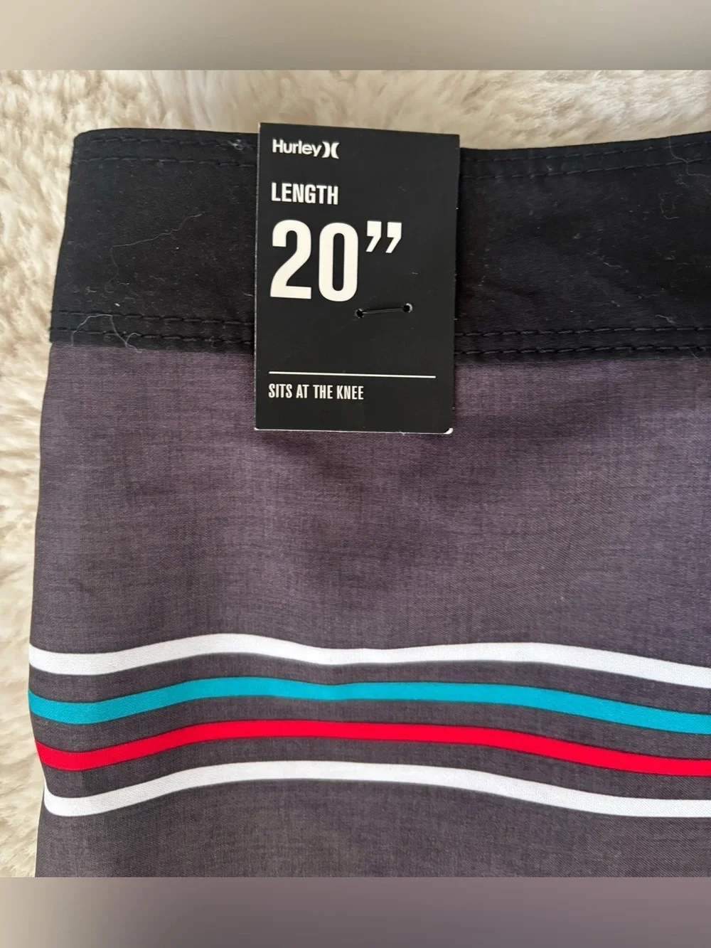 NWT Hurley Black Swim Trunk Board Trunks w/Teal Red White Stripes Size: 36